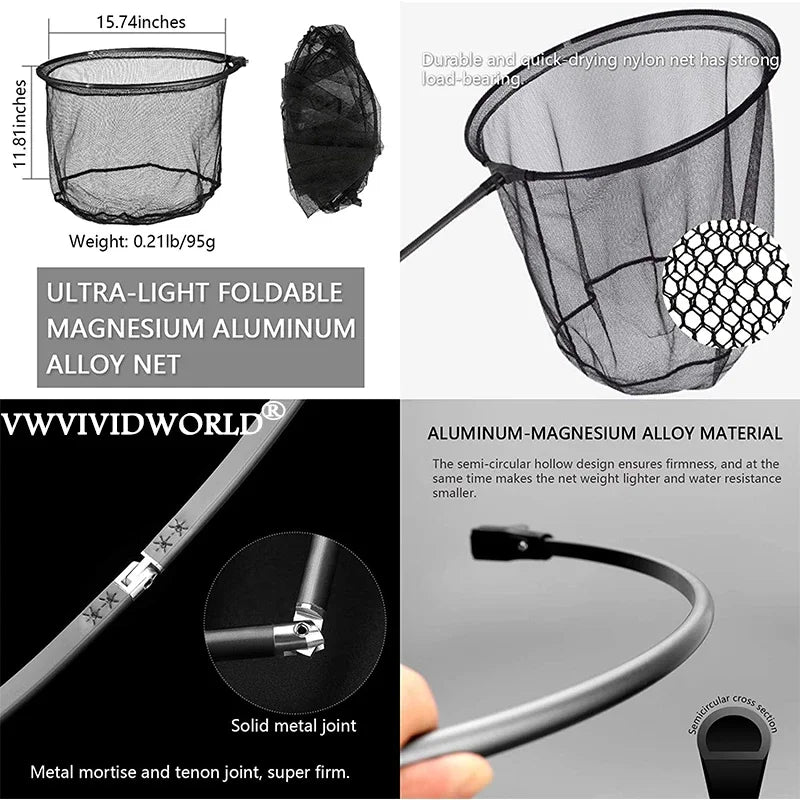 VWVIVIDWORLD Brand,1.8-3.45m,Portable Carbon Fishing Net,Fishing Land,Hand Net,Foldable Collapsible Telescopic Pole,Fishing Rod