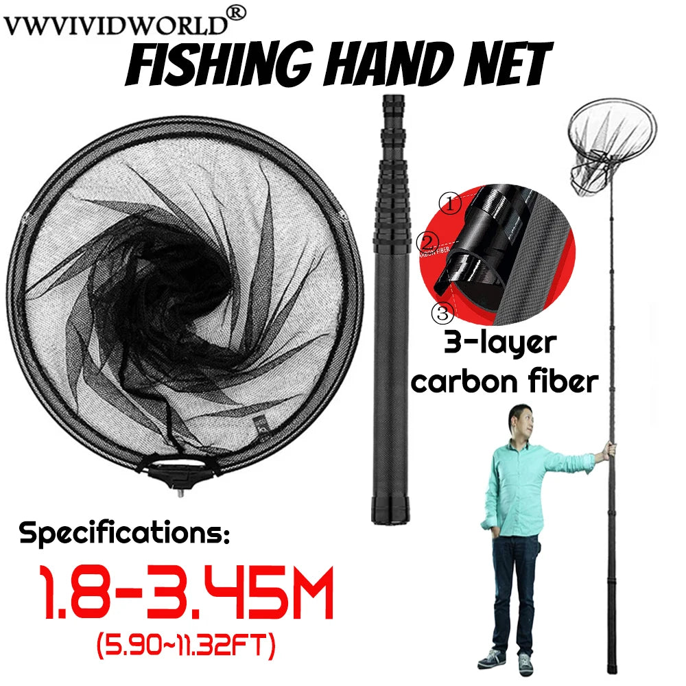 VWVIVIDWORLD Brand,1.8-3.45m,Portable Carbon Fishing Net,Fishing Land,Hand Net,Foldable Collapsible Telescopic Pole,Fishing Rod