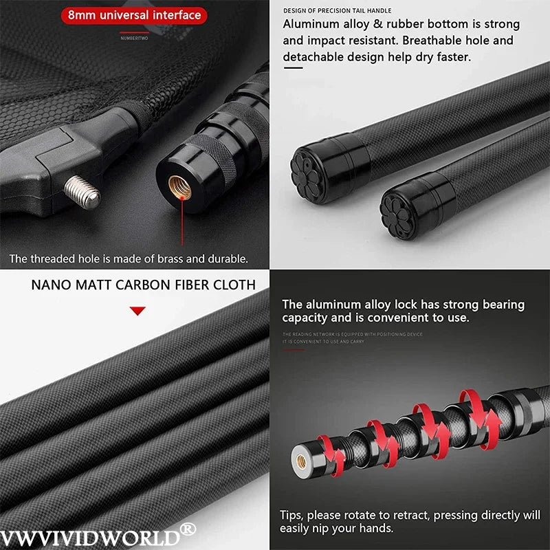 VWVIVIDWORLD Brand,1.8-3.45m,Portable Carbon Fishing Net,Fishing Land,Hand Net,Foldable Collapsible Telescopic Pole,Fishing Rod